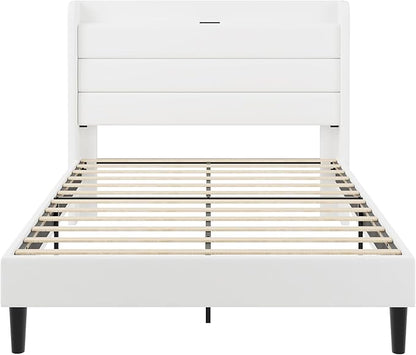 SHA CERLIN Full Size Bed Frame with Charging Station, Velvet Upholstered Platform Bed, Wingback Storage Headboard, Type-C & USB Ports, Strong Wooden Slats, No Box Spring Needed, Easy Assembly, White