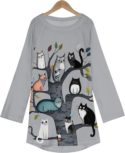 Womens Tunic Shirt Cute Cat Print Long Sleeve Round Neck Women T Shirts Cotton Casual Plus Size Vacation Tunics Tops