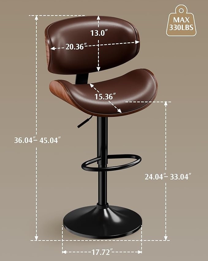 Aowos Bar Stools, Adjustable Swivel Barstools for Kitchen Island, Mid Century Modern Leather Upholstered Counter Height Bar Chairs with Back & Footrest (Brown 1PCS)