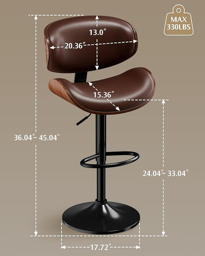 Aowos Bar Stools, Adjustable Swivel Barstools for Kitchen Island, Mid Century Modern Leather Upholstered Counter Height Bar Chairs with Back & Footrest (Brown 1PCS)