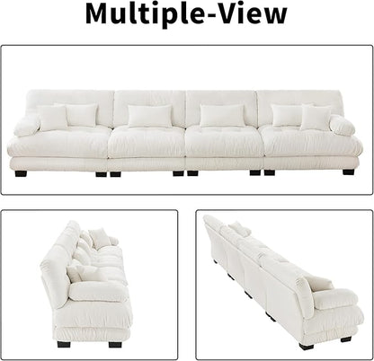 173.2" Oversized Couch, 4 Seater Modular Sectional Sofa, White Sectional Fluffy Couch Set, Chenille Cloud Couch with 6 Pillows, Deep Seat Sofas for Living Room
