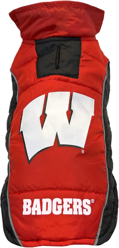 Pets First Collegiate Wisconsin Badgers Puffer Vest for Dogs & Cats. Size Small. Warm, Cozy, and Waterproof Dog Coat, for Small and Large Dogs/Cats.