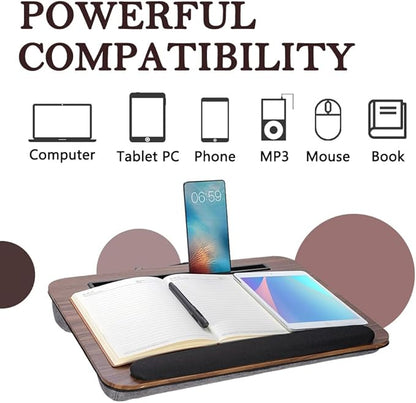 Portable Laptop Desk Fits Up to 16“ Laptops, with Tablet Slot, Built-in Cushion, Great for Home & Office,Lap Desk with Cushion (Brown with Wrist Rest, Medium)