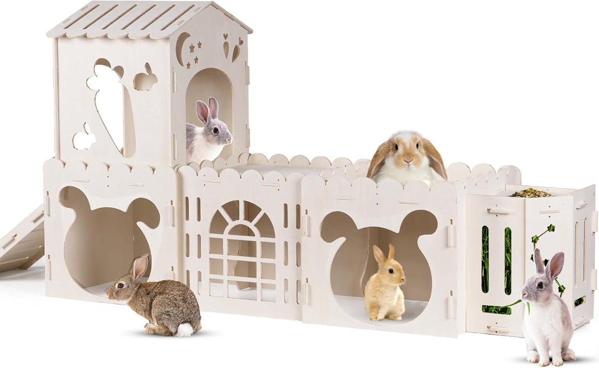 Extra Large Rabbit House, Wooden Bunny House Hideout with 4 Houses and Hay Feeder Indoor, Rabbit Guinea Pig Hideout Multistory Climbing Tower Sturdy Wooden Castle, Small Animal Hideaway Tunnel