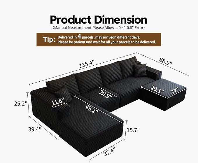 135.4" Cloud Modular Sectional Couch with 1 Ottoman,Modern Minimalist Upholstered Couches, Comfort U Shaped Sofa for Living Room,Deep Seat Corner Couch，No Assembly Required (Black,Left Facing Chaise)