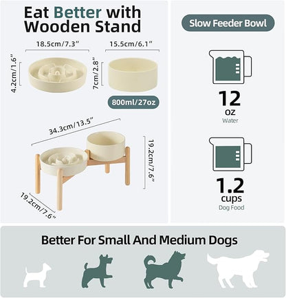 Ceramic 1.2 Cup Raised Slow Feeder Dog Bowl Set, Elevated 6.1inch Bowl and