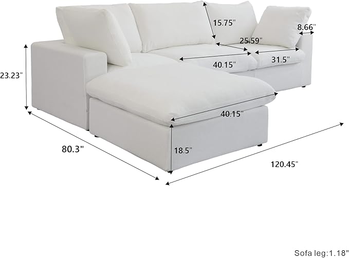 Cloud Modular Sectional Sofa with Storage Ottoman,120.45" L Shaped Couch for Living Room,Down Filled Convertible Couch Deep Seat for Office Apartment,Covers Washable&Replaceable,White