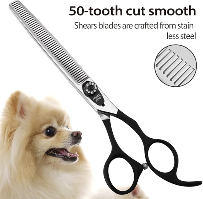 Fenice Peak 7.0'' Dog Thinning Scissors For Grooming 440C Stainless Steel Black Non-Slip Handle Sharp Blades Professional Pet Trimming Scissors for Cats Thinning Rate 35%