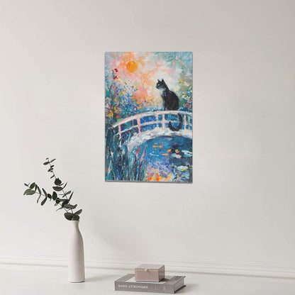 Quorin Black Cat Wall Art Water Lily Sunset Pictures Cat Wall Decor Impressionism Canvas Print Painting Artwork for Bathroom Living Room Bedroom 16"x24"