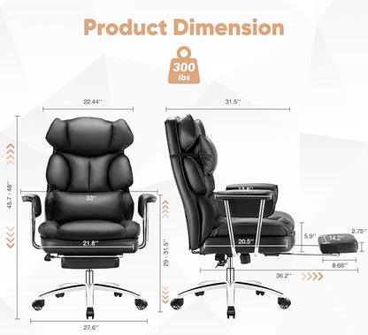 Sweetcrispy Executive Home Office Desk Chair - Ergonomic Big Tall High Back with Footrest & Lumbar Support, Reclining Height Adjustable, Comfy PU Leather Computer Gaming with Swivel Wheels, Black