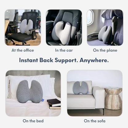C CUSHION LAB Extra Dense Lumbar Pillow - Patented Ergonomic Multi-Region Firm Back Support for Lower Back Pain Relief - Lumbar Support Cushion with Strap for Office Chair, Car, Sofa, Plane - Grey