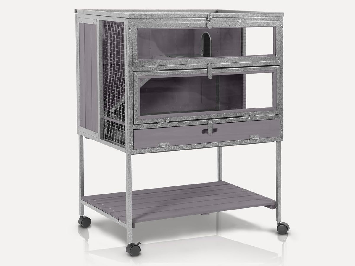 Guinea Pig Cage, Moveable Metal Frame Hamster Cage Anti-Chewing with Aluminium Alloy Edge, Hideouts, Ramps, Seesaws Chewing Toy, Deeper Pull-Out Leakproof Tray for Indoor Outdoor(Grey