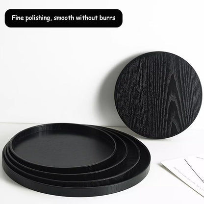 Round Wood Serving Tray, Solid Wooden Decorative Tray Non-Slip Tea Coffee Table Tray Snack Plate Food Meals Serving Tray with Raised Edges for Home Decor Kitchen Restaurant(10.6inch, Black)