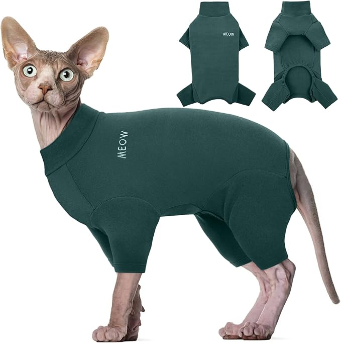ROZKITCH Hairless Cat Clothes, Breathable Soft Jumpers for Cats Only, Full Cover Clothing with Four Legs, Warm Sweater T-Shirt Pajamas Jumpsuit Vest Cornish Rex Devon Rex Peterbald DarkGreen L