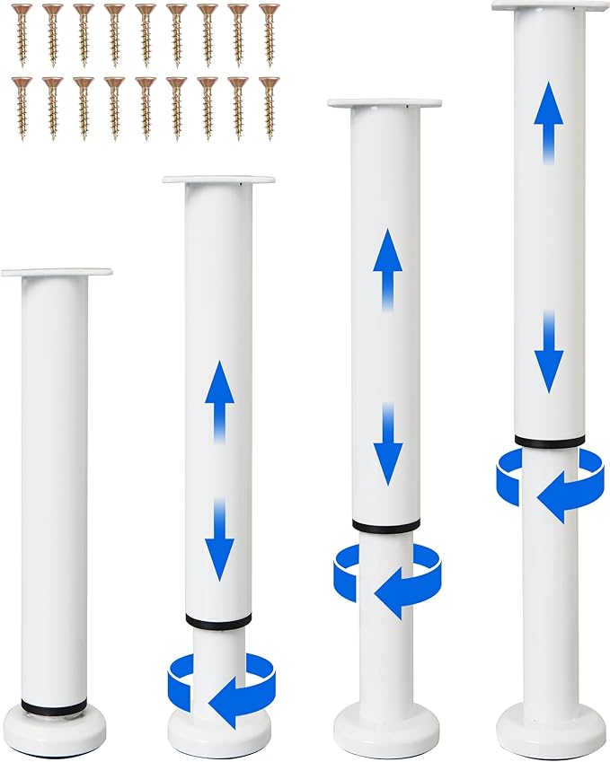 Olldag 4 Pcs Adjustable Height Bed Support Furniture Legs [with Screws] for Bed Frame,Metal Adjustable 10-17 inch for Bed/Sofa/Cabinet/Couch/Dresser/Table -Heavy Bed Replacement Legs (White)