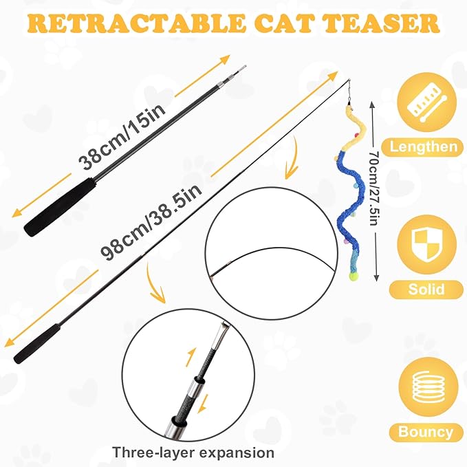 Cat Wand Toy, 8Pcs Retractable Plush Srtip Cat Teaser Wand Toys with Bell & String, Long Interactive Wand Toys for Indoor Kitten, Exercise