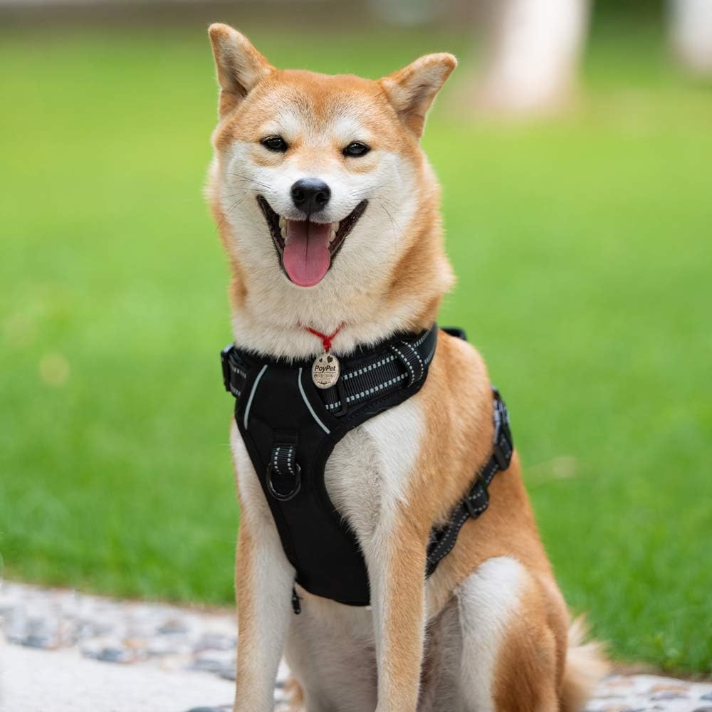 PoyPet No Pull Dog Harness, Reflective Comfortable Vest Harness with Front & Back 2 Leash Attachments and Easy Control Handle Adjustable Soft Padded Pet Vest for Small to Large Dogs (Black,XL)