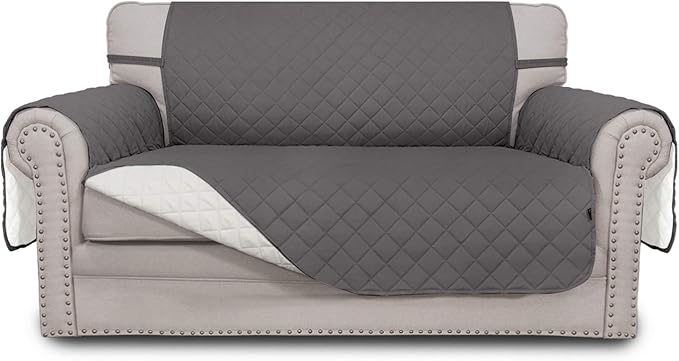 Easy-Going Reversible Loveseat Couch Cover for 2 Cushion Couch Sofa Cover for Dogs Water Resistant Furniture Protector with Foam Sticks Elastic Straps for Pet (Loveseat, Gray/Ivory)