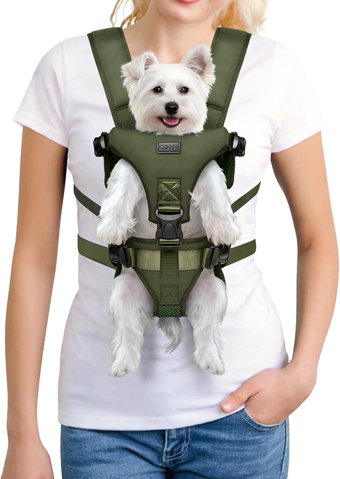 YUDODO Front Pet Carrier Backpack for Small Dog, Legs Out Dog Chest Carrier | Safety Belt, Ergonomic Support, Hands Free, Durable & Comfortable, For Walking Hiking Cycling, Army Green, S