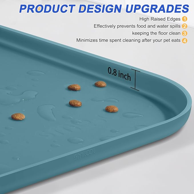 SMILOOL Waterproof Silicone Pet Food Mat with Raised Edge for Dog & Cat | 24" x 16" Non-Slip Pet Feeding Mats with Lip for Food & Water Bowl, Food Grade, Easy Cleaning, Salte Blue