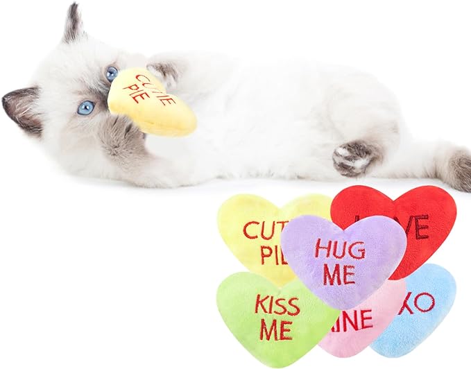 6pcs Valentine's Day Heart Catnip Toy，Valentines Indoor Heart Shaped Cat Toy Plush Interactive Chew Bite Toys for Cat Kitten Indoor Festive Holiday Cat Lover Gift