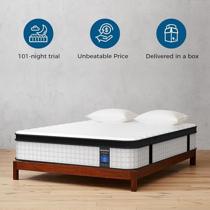 Inofia Full Mattress, 12 Inch Hybrid Innerspring Mattress Cool Bed with Breathable Soft Knitted Fabric Cover, 101 Nights Trial, Full Size Mattresses