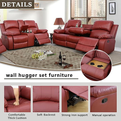 A Ainehome Living Room Furniture Set Leather Recliner Sofa Set Loveseat Chair Furniture Sofa Set for Living Room/Small Space/Rv/House/Office/Theater Seating (A-Red Leather, Sofa+Loveseat)