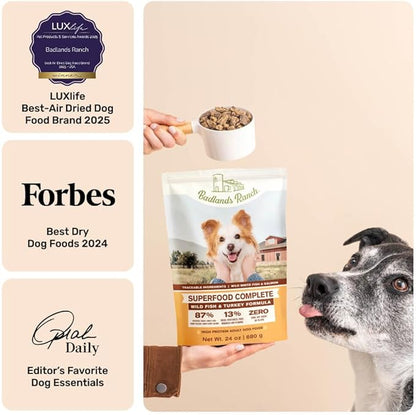 BADLANDS RANCH by Katherine Heigl- Superfood Complete, Air-Dried Adult Dog Food - High Protein, Zero Fillers, Superfood Nutrition (24 Ounce (Pack of 4), Fish & Turkey)