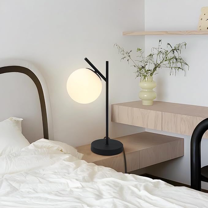 Mid Century Modern Table Lamp Contemporary White Glass Globe Table Lamp Vintage Nordic Desk Lamp Metal Nightstand Lamp for Office Study Room Bedroom(H19.2)