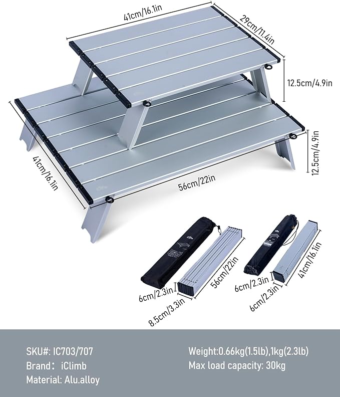 iClimb Ultralight Compact Mini Beach Picnic Folding Alu. Table with Carry Bag, Two Size (Silver - S)
