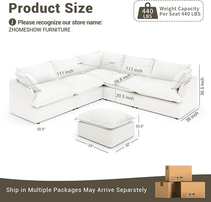 Lopzeho Oversized Cloud Modular Sectional Sofa, Comfy Down Filled Cloud Couch with Removable Cover, V Shaped 5 Seat Couch with Ottoman, Deep Seat Sectional Couches for Living Room, Cream White