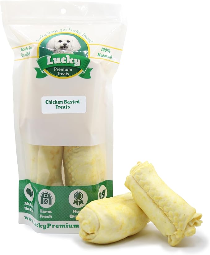 Lucky Premium Treats Chicken Basted Rawhide Stubbys – All Natural Rawhide and Chicken Dog Treats, Gluten Free Premium Large Dog Treats (12 Chews)