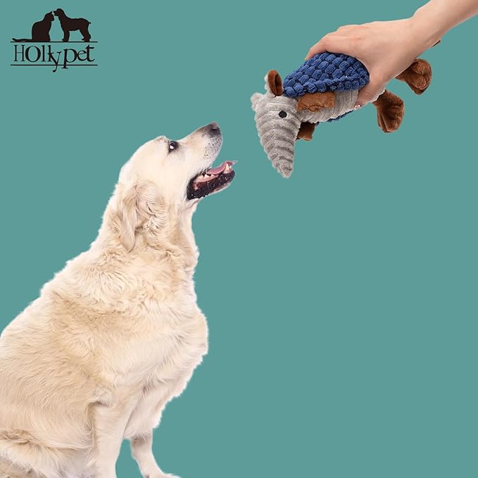 Hollypet Plush Dog Squeaky Toy Stuffed Armadillo Animal Pet Puppy Chew Toys with Clean Teeth for Small Medium Large All Breed Sizes Dogs, Dark Blue, 8 in