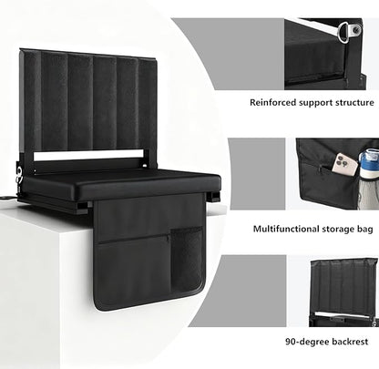 CHIQUERID Portable Stadium Seat with Back Support, Folding Bleacher Chair with Cushion, Cup Holders, Storage Pockets & Shoulder Strap – Ideal for Sports Events, Camping & Picnics (Black)