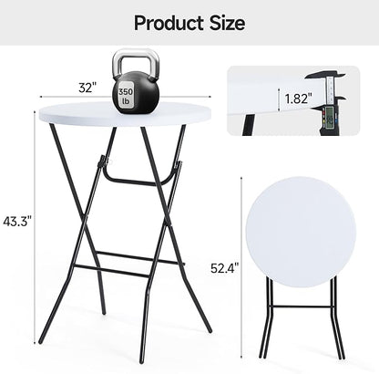 Winlice 32'' Round Folding Table, HDPE Portable Bar Height Table with Removable Legs for Indoor Outdoor Wedding Event, Gathering, Parties, Commercial Events, White
