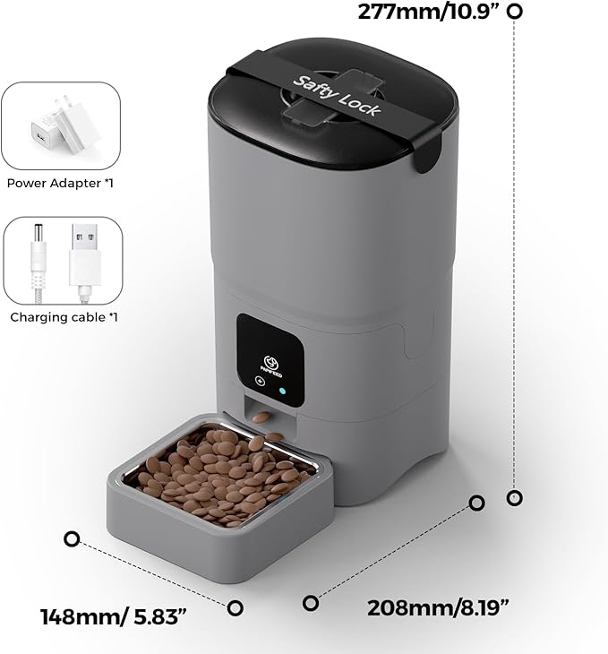 PAPIFEED Automatic Cat Feeder Upgrade, WiFi Pet Feeder with APP Control for Remote Feeding, Detachable for Easy Clean, Dual Power Supply,1-10 Meals Per Day for Multiple Pets(Gray)