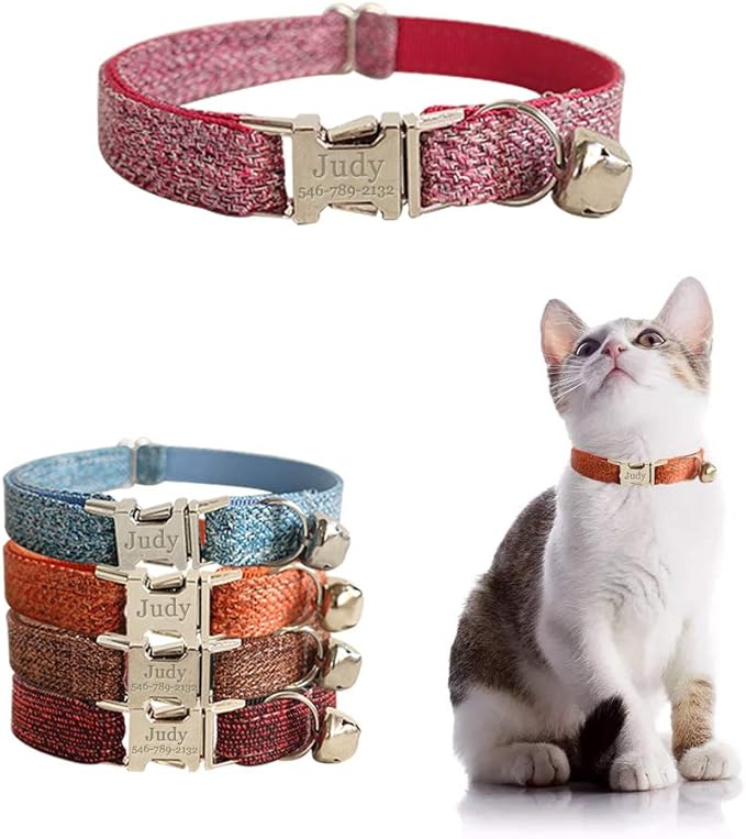 Personalized Cat Collar with Name Plate,Adjustable Tough Nylon Cat ID Collars with Bell,Customize Engraved Pet Name and Phone Number (Suit Style)