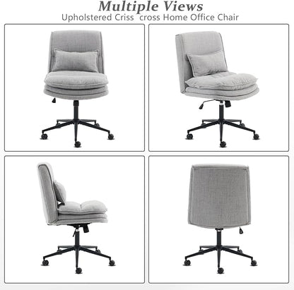 VINGLI Cloud Criss Cross Legged Chair,18" High Back Armless Home Office Desk Chair with Wheels,Wide Adjustable Comfy Padded Seat Task Computer Chair,Modern Swivel Makeup Vanity Chair,Fabric,Grey