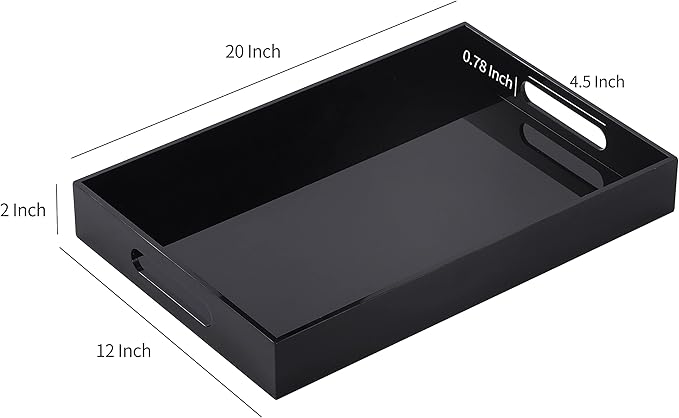 Black Oversize Acrylic Serving Tray with Handles 12x20 Inch -Spill Proof- Decorative Trays Countertop Organizer for Ottoman,Nightstand, Sidetable, Butler (12X20 Inch, Black)