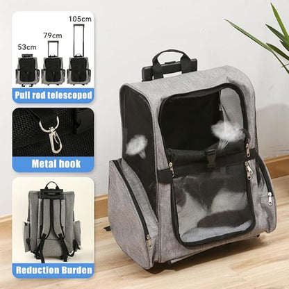 Pet Trolley Bag Cat Dog Travel Bag Portable & Breathable Pet Carrier Backpack - Lightweight Dual-Shoulder Design for Easy Travel with Your Beloved Companion Scalable Pull Rod pet Bag (Red)