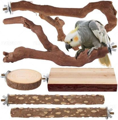 Parrot Perch Bird Perch Stand Set Natural Wild Wood Grape Sticks Paw Grinding Fork Parakeet Climbing Standing Branches Toys Cage Accessories for Conure,Cockatiels Lovebirds,Budgies Chewable 6PC