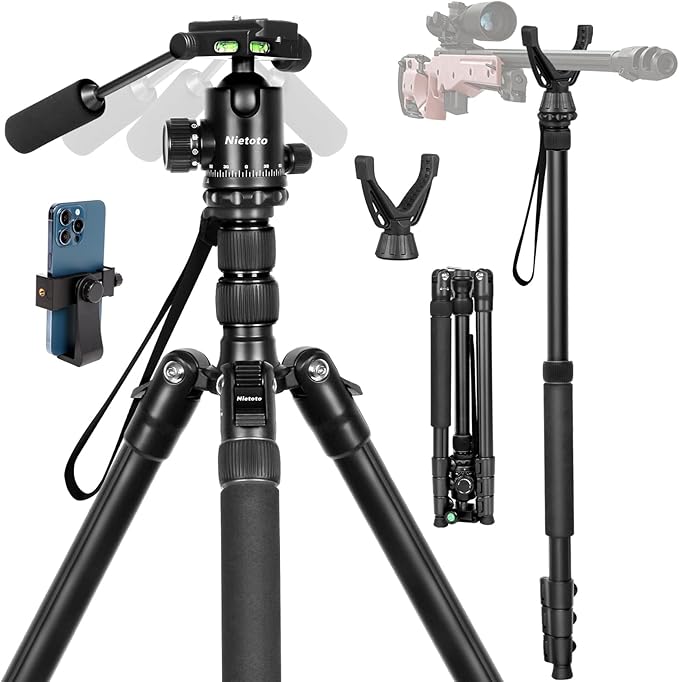 2 in1 Tripod for Camera & Hunting Tripods, 68" Camera Tripods & Monopods with Removable Handle, Aluminum Rifle Tripod & Shooting Stand, Heavy Duty Tripods for DSLR,Canon,Nikon,Sony, Extra Carry Bag