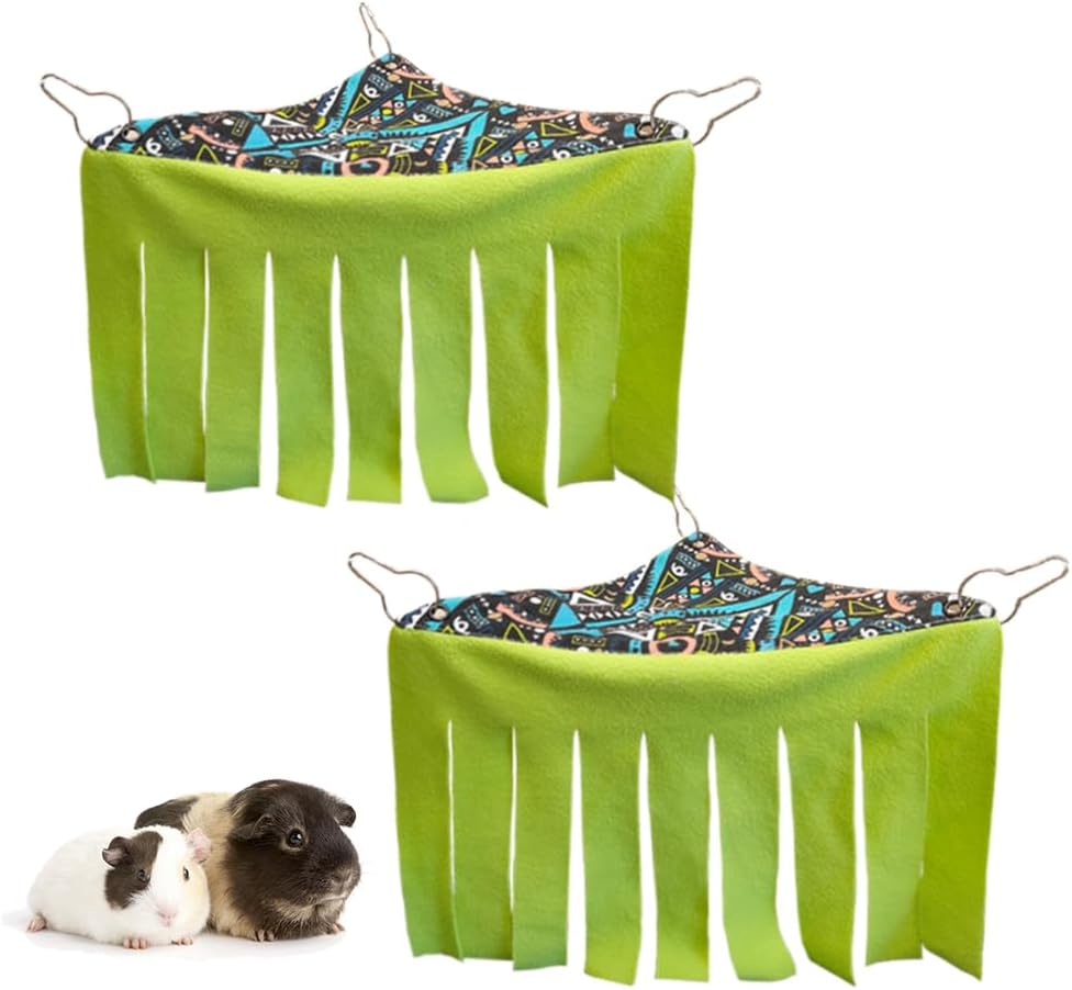 RIOUSSI Guinea Pig Hideout Hideaway Corner Fleece Toys Cage Accessories with Reversible Sides, Geo/Gray+Green, 2 Pack