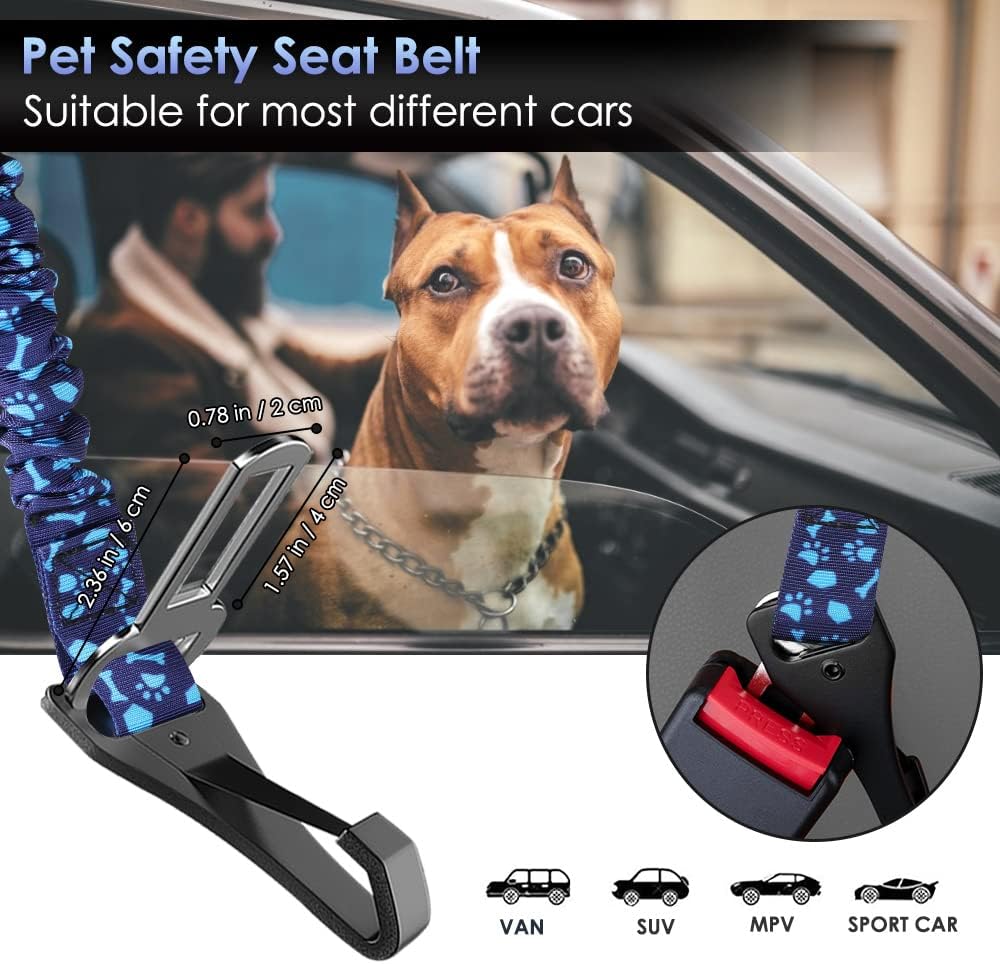 SlowTon Dog Seat Belt, Adjustable Dog Safety Belt Leash, 2 in 1 Latch Bar Attachment Dogs Car Seatbelt with Elastic Nylon Bungee Buffer, Reflective Nylon Belt Tether (BL,35.5in)