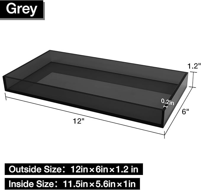 Acrylic Tray 5mm Thicken for Vanity Makeup, Perfume, Jewelry Holder, Napkin, Grey 12x6'' Decorative Serving Tray for Bathroom, Toilet Tank, Sink Countertop, Living Room,Dresser, Coffee Table,Wedding