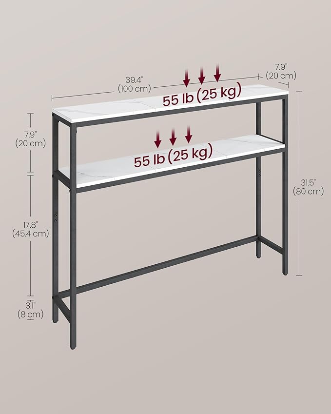 VASAGLE Console Table, 2-Tier Narrow Sofa Table with 2 Shelves, 7.9 x 39.4 x 31.5 Inches, for Living Room, Hallway, Entryway, Marble White and Ink Black ULNT131W59V1