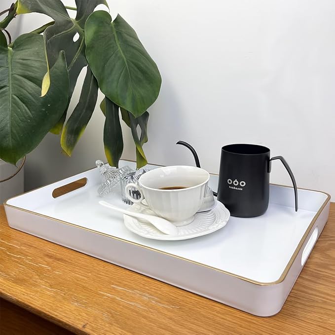 White Decorative Tray, Rectangular Serving Trays with Handles,Ottoman, Coffee Table Tray for Living Room, Bathroom, Home Decor 15.7” x 10.2”
