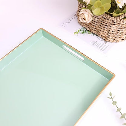 Spsyrine Green Decorative Serving Tray with Handles, Elegant Plastic Coffee Table Tray for Ottoman, Living Room, Home Decor 15.6" X 10.2"
