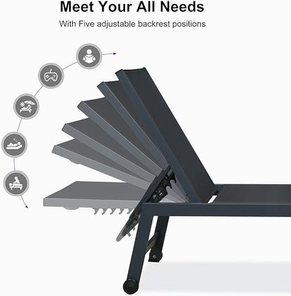 PURPLE LEAF Outdoor Chaise Lounge Set for 2 Oversized Pool Lounge Chairs with Easy-to-Move Wheels and Adjustable Backrest Extra Large Patio Loungers for Poolside Deck Beach Table Included, Dark Grey