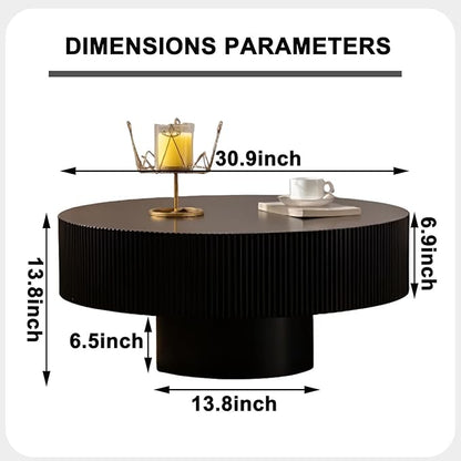 Round Coffee Table, Handcrafted Fluted Drum Coffee Tables Modern Wood Coffee Table Circle Drum Center Table for Living Room, Apartment (Black Thick)